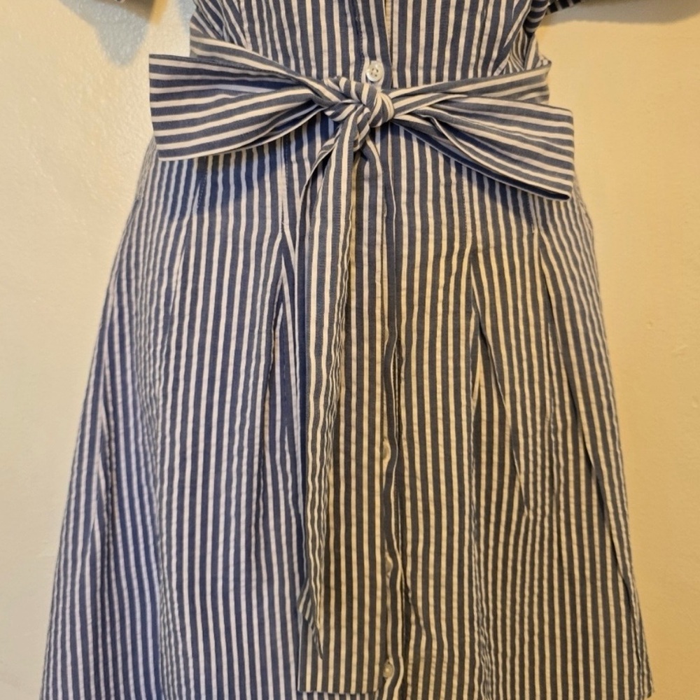 Elle Navy and White Striped Midi Shirt Dress with Tie Waist - Picture 2 of 5